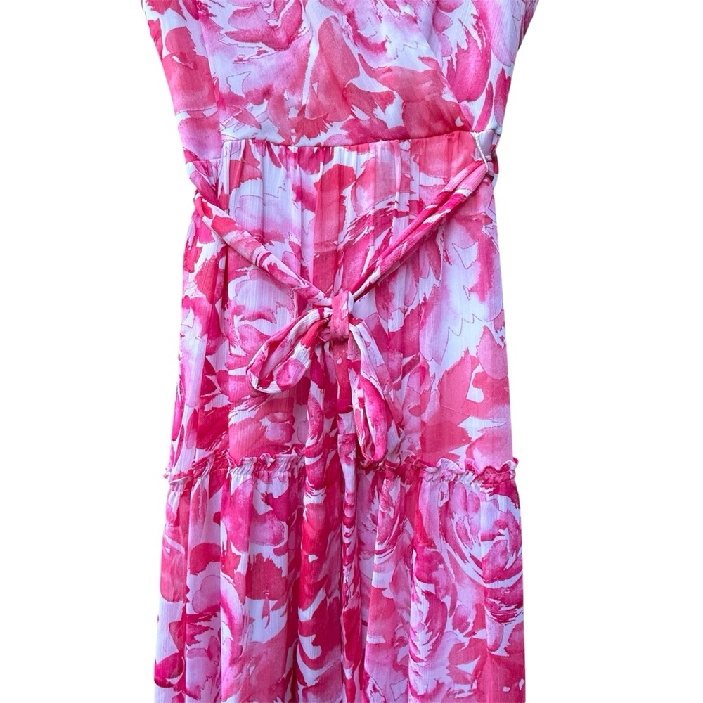Calvin Klein Pink Floral Tiered Maxi Ruffle Dress w/belt Size 12 - Picture 5 of 10